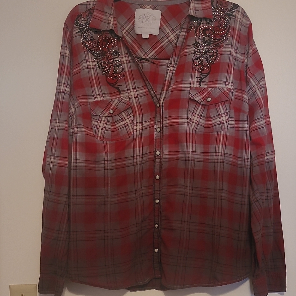 Vintage Maurices Red Plaid Pearl Button Western Shirt With Stone Accent SZ 3